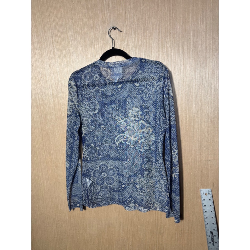 Jade by Johnny Was Blue White Floral Paisley Mesh Long Sleeve Top Large R10025-1 - Picture 6 of 7